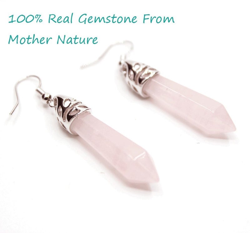 KISSPAT Real Natural Rose Quartz Healing Point Crystal Gemstone Chakra Dangle Earrings - Image 3